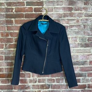 Tahari dark navy blue tweed moto motorcycle cut style jacket blazer
